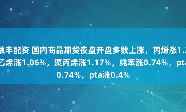融丰配资 国内商品期货夜盘开盘多数上涨，丙烯涨1.21%，苯乙烯涨1.06%，聚丙烯涨1.17%，纯苯涨0.74%，pta涨0.4%